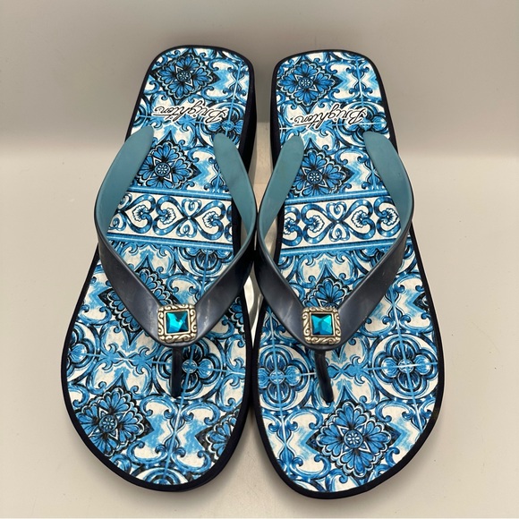 Brighton Blue Bella Capri Tiles Ink Flip Flop Wedge Rhinestone Womens Size 9 - Picture 2 of 12